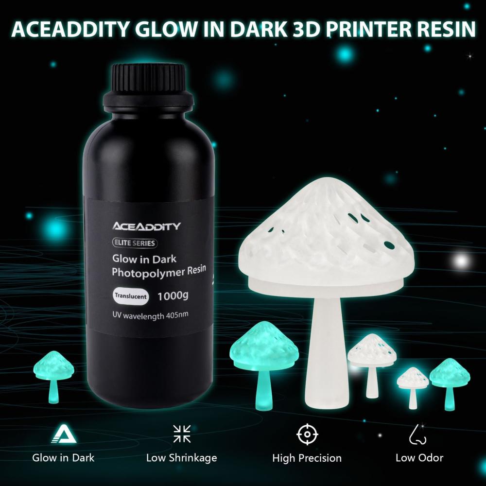 3D Printer Filament |   Aceaddity Glow In Dark Resin Special 3D Printer Liquid Resin High Resolution 405nm UV-Curing Photopolymer Printing Resin Suitable for 2K/4K/8K LCD/DPL/SLA 3D Printers – Translucent 1KG/Bottle 3D Printer Filament 3D Printer Filament