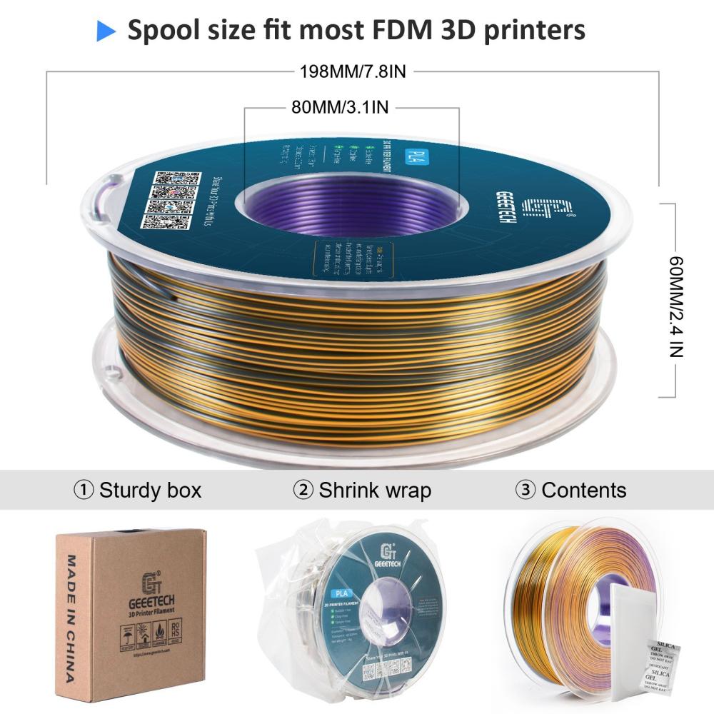 3D Printer Filament |   Geeetech PLA Filament Silk Tri-Color for 3D Printer 1.75mm Dimensional Accuracy +/- 0.03mm 3D Printing Material Spool for Most FDM 3D Printers 1kg (2.2 lbs) – (Purple+Gold+Black ) 3D Printer Filament 3D Printer Filament