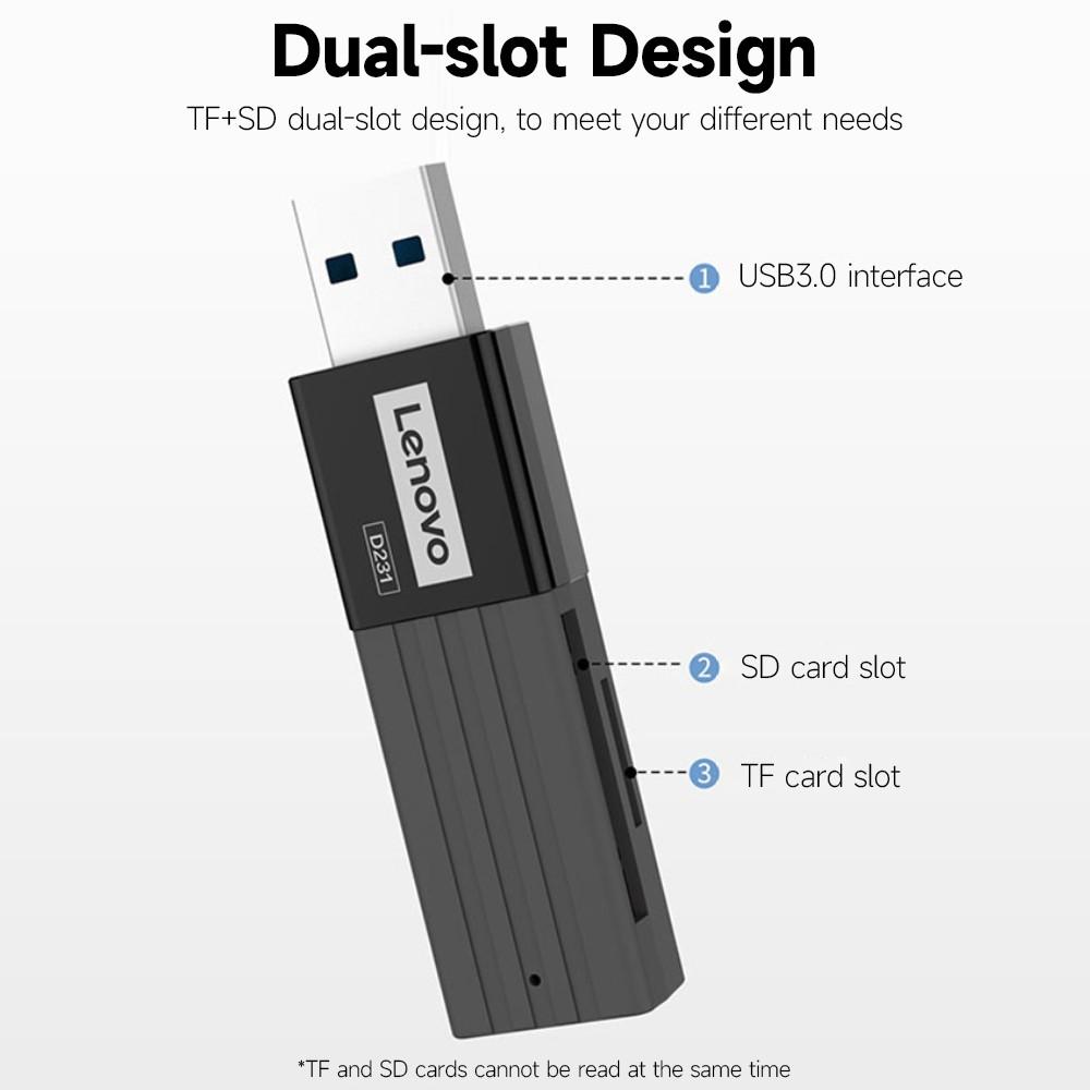 Card Readers |   Lenovo D231 Multifunctional USB3.0 Card Reader SD+TF 2-in-1 Card Reader High-speed Transmission ABS Shell Wide Compatibility Card Readers Card Readers