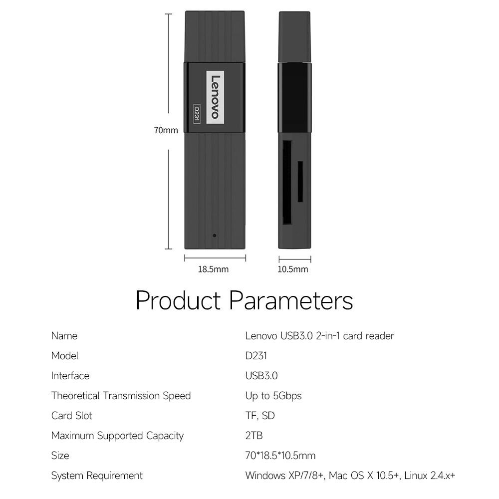 Card Readers |   Lenovo D231 Multifunctional USB3.0 Card Reader SD+TF 2-in-1 Card Reader High-speed Transmission ABS Shell Wide Compatibility Card Readers Card Readers