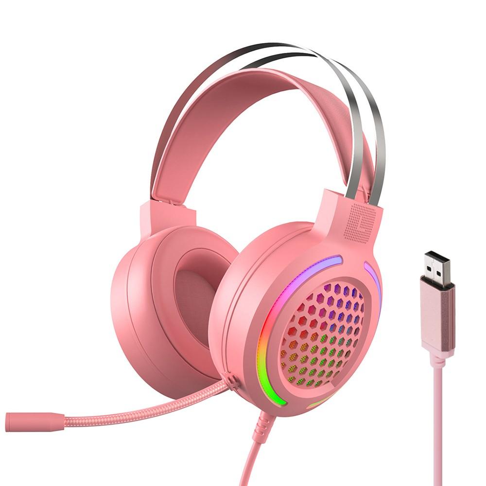 Earphone & Microphone |   Wired Headset Gaming Headset Colorful RGB Light Headphone with 360° Noise Reduction Microphone for PC Laptop Pink Computer Peripherals Earphone & Microphone