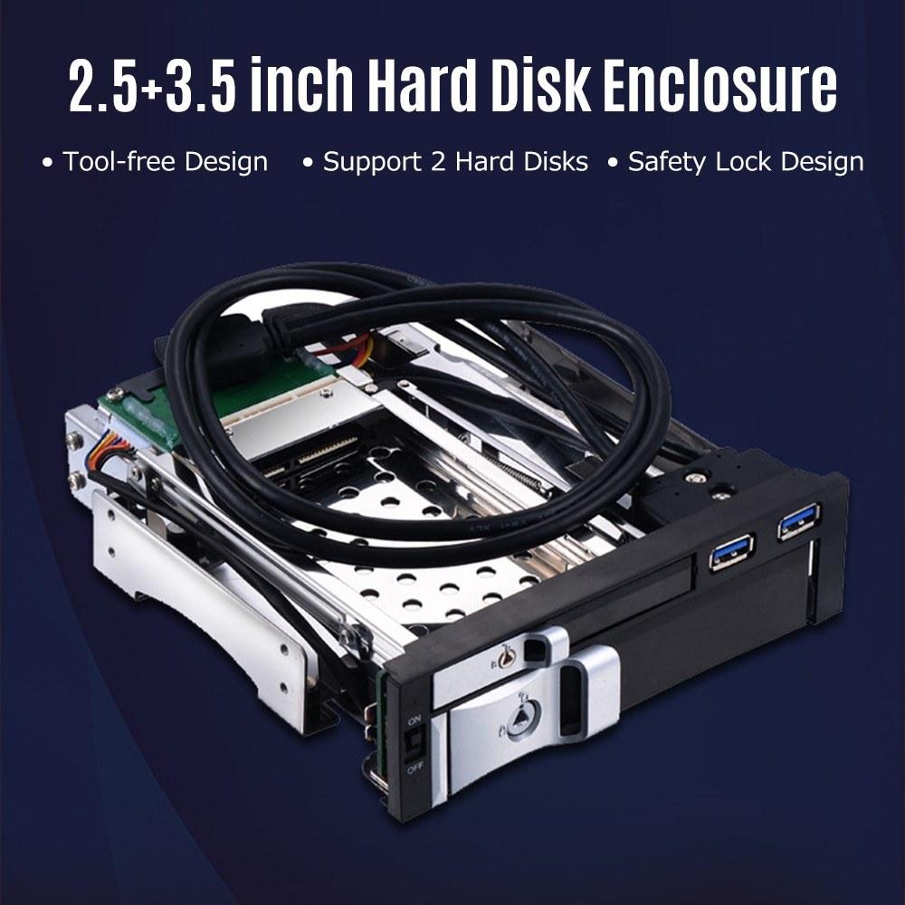 Hard Drives Accessories |   5.25 inch Internal Dual Slot Hard Disk Case 2.5+3.5 inch SATA HDD/SSD Enclosure Tool-free Design with 2 USB3.0 Ports Safety Locks Drives & Storage Hard Drives Accessories