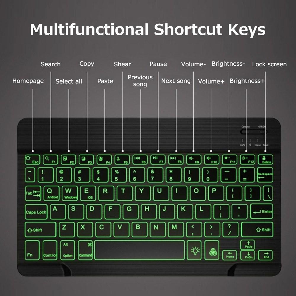 Keyboards & Mouse |   10 inch Wireless BT Keyboard Ultra-thin Rechargeable BT Keyboard Three-system Compatible 7-color Monochrome backlight Black Computer Peripherals Keyboards & Mouse