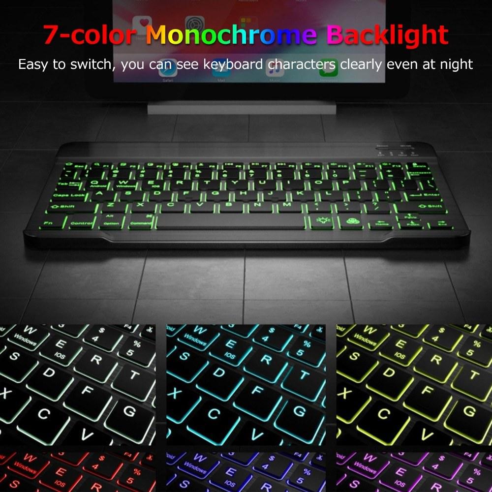 Keyboards & Mouse |   10 inch Wireless BT Keyboard Ultra-thin Rechargeable BT Keyboard Three-system Compatible 7-color Monochrome backlight Black Computer Peripherals Keyboards & Mouse