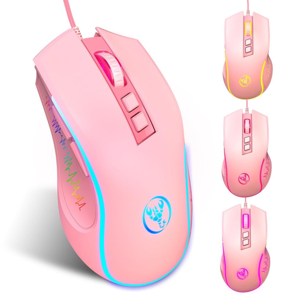 Keyboards & Mouse |   HXSJ X100 Wired Gaming Mouse Ergonomic Gaming Office Mouse 7-color Breathing Light Effect 4-gear Adjustable DPI Pink Computer Peripherals Keyboards & Mouse