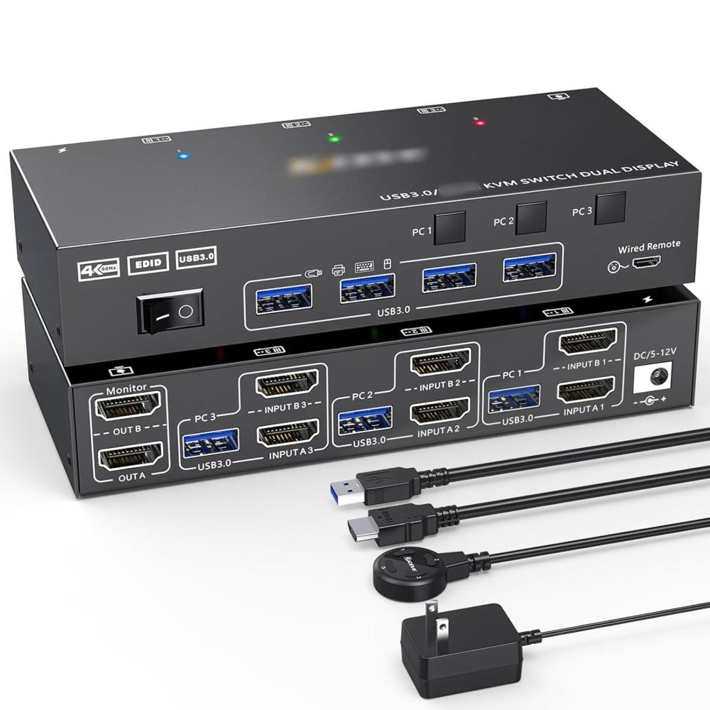 Others |   Dual Monitor KVM Switch USB 3.0 HDMI-Compatible KVM Switch 2 Monitors 3 PCs 4K@60Hz 2K@144Hz, EDID Emulator, Dual Monitor KVM Switch with 4 USB 3.0 Ports, Includes Wired Remote and Cables Computer Peripherals Others