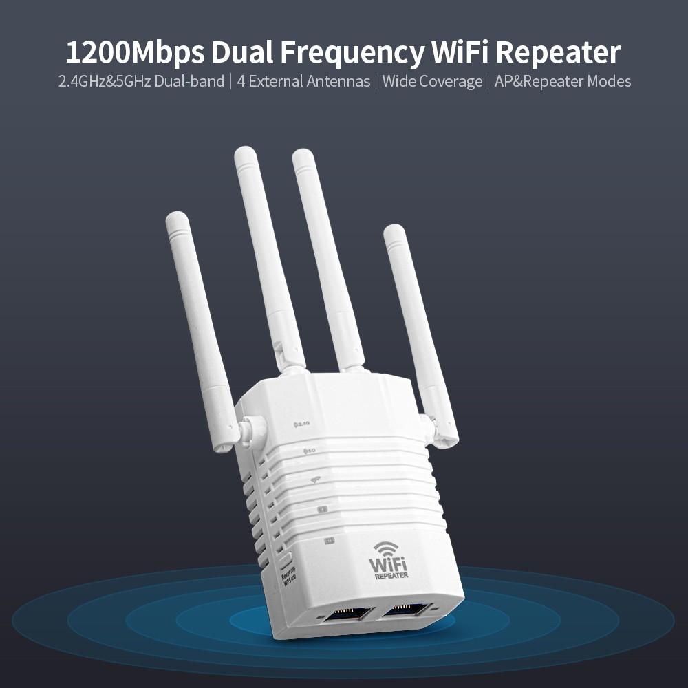 Repeaters |   1200Mbps WiFi Repeater WiFi Signal Amplifier 2.4GHz 5GHz Dual Frequency Wireless Signal Booster with 4 Antennas White US PLug Networking Repeaters