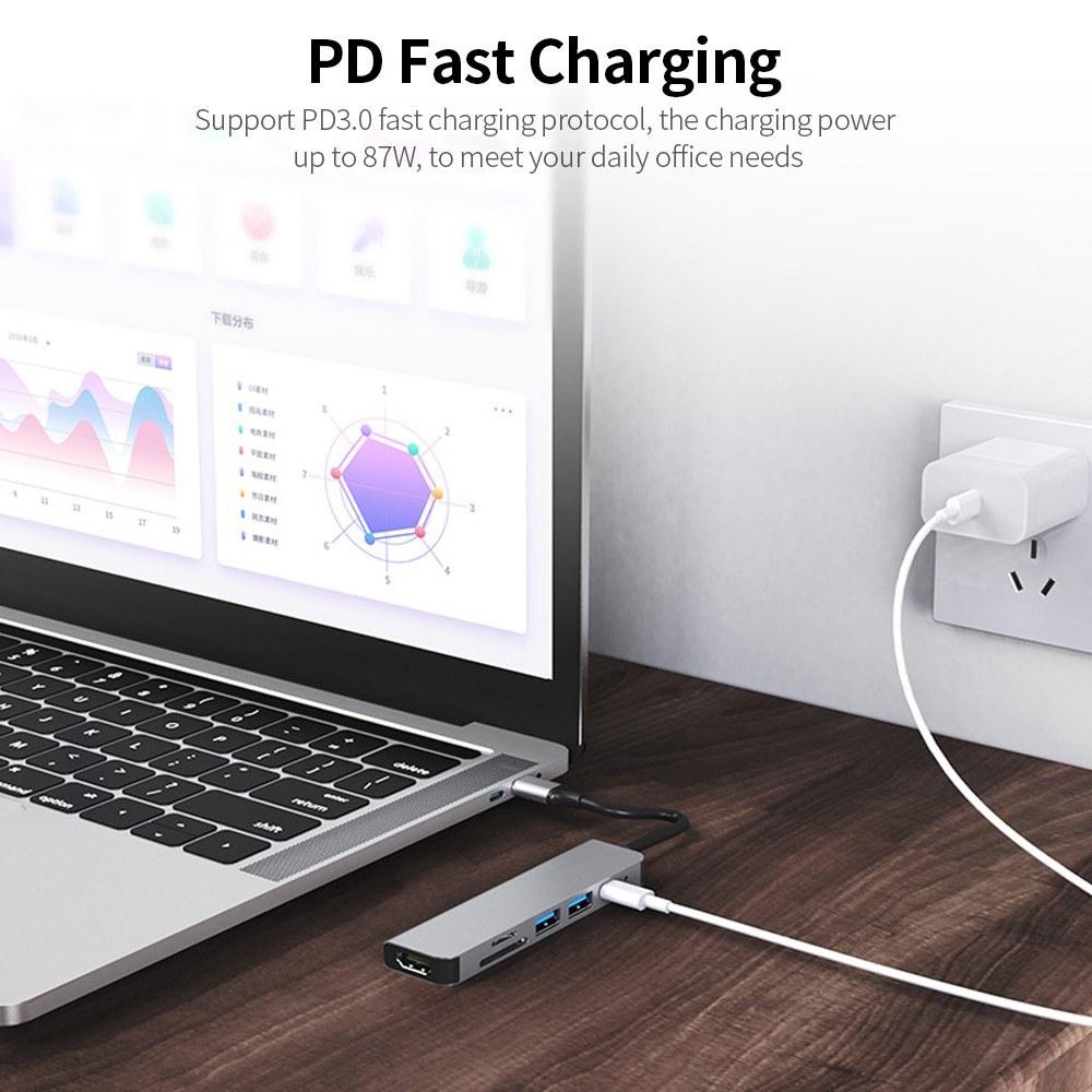 USB Hubs |   6-in-1 Multifunctional Type-C Hub Aluminum Alloy Type-C Converter with HD USB2.0 USB3.0 PD Ports TF SD Card Slots Plug and Play Computer Peripherals USB Hubs