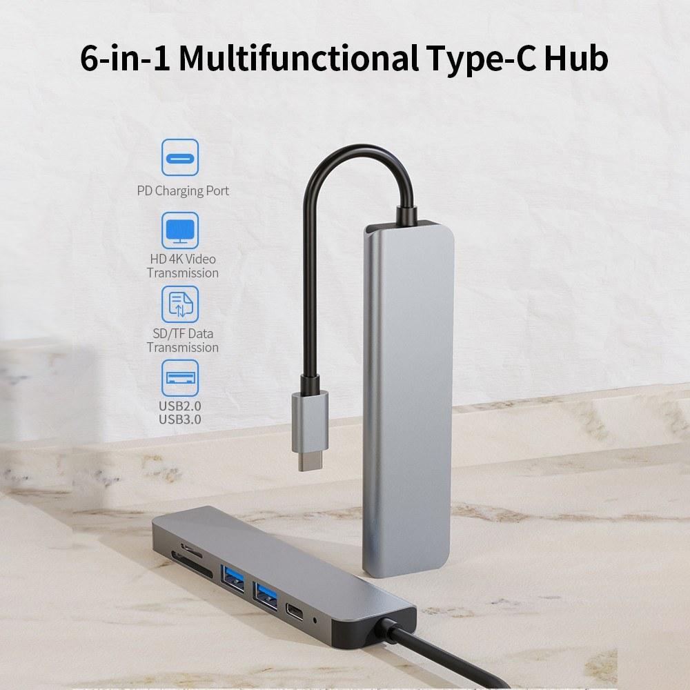 USB Hubs |   6-in-1 Multifunctional Type-C Hub Aluminum Alloy Type-C Converter with HD USB2.0 USB3.0 PD Ports TF SD Card Slots Plug and Play Computer Peripherals USB Hubs