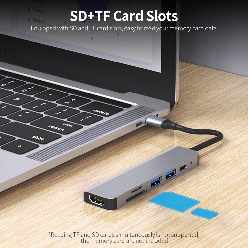 USB Hubs |   6-in-1 Multifunctional Type-C Hub Aluminum Alloy Type-C Converter with HD USB2.0 USB3.0 PD Ports TF SD Card Slots Plug and Play Computer Peripherals USB Hubs