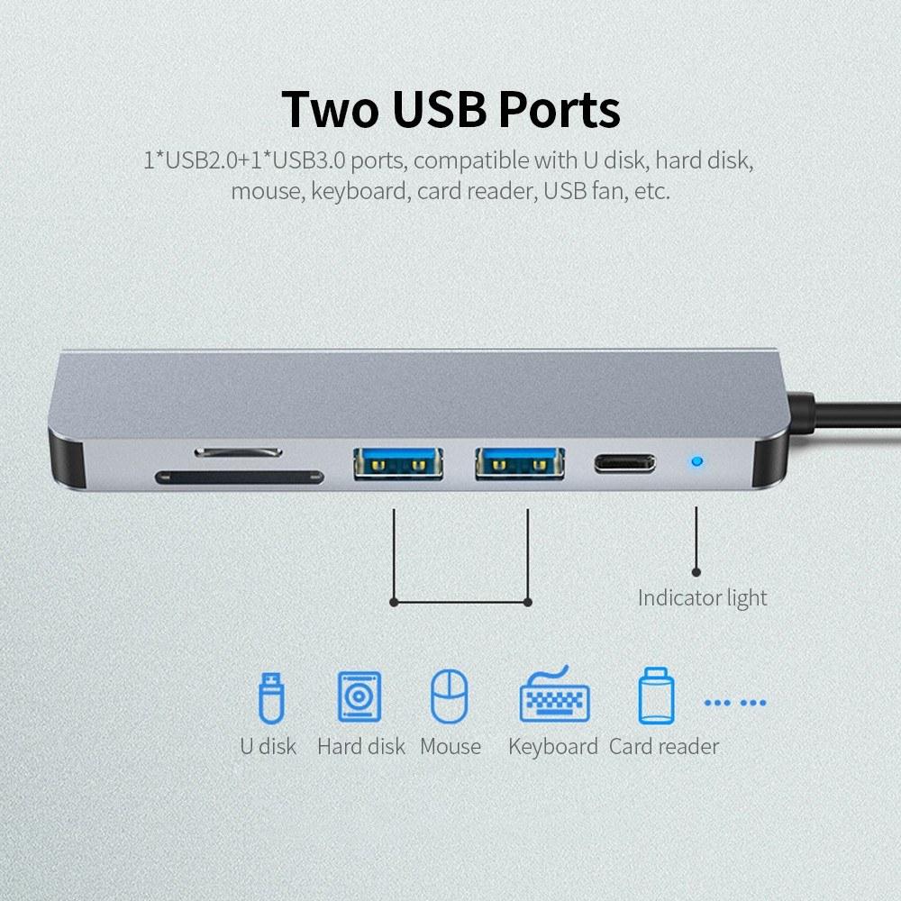 USB Hubs |   6-in-1 Multifunctional Type-C Hub Aluminum Alloy Type-C Converter with HD USB2.0 USB3.0 PD Ports TF SD Card Slots Plug and Play Computer Peripherals USB Hubs