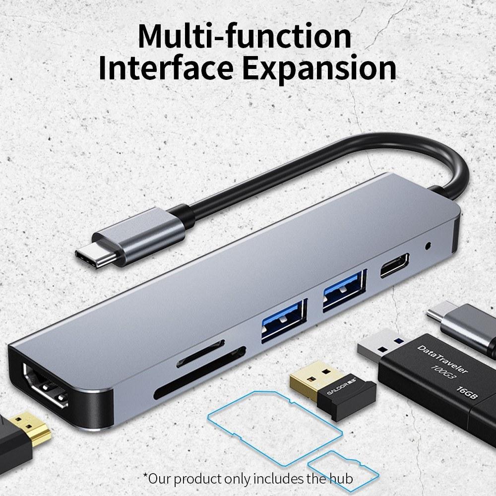 USB Hubs |   6-in-1 Multifunctional Type-C Hub Aluminum Alloy Type-C Converter with HD USB2.0 USB3.0 PD Ports TF SD Card Slots Plug and Play Computer Peripherals USB Hubs