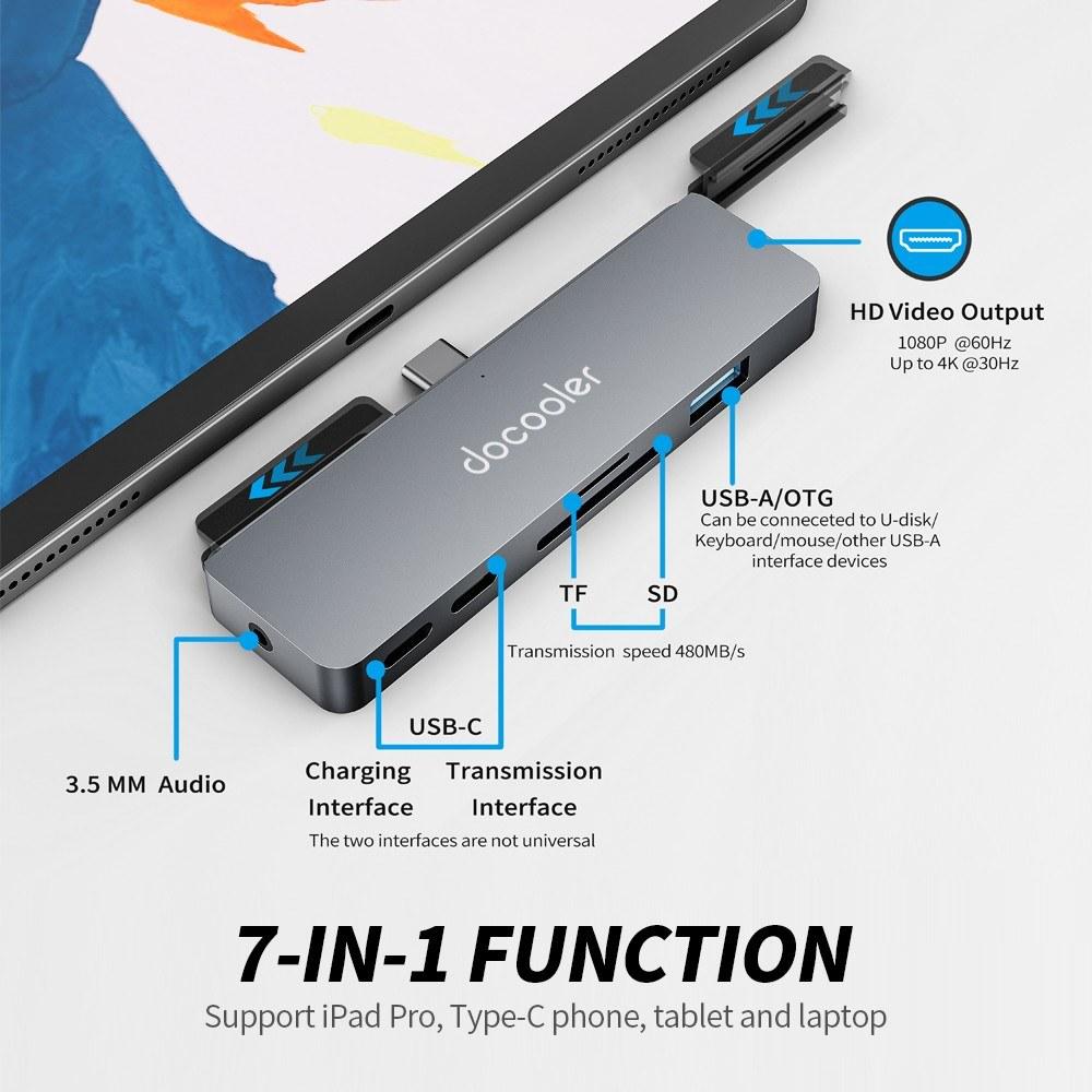 USB Hubs |   docooler 7-in-1 Type-C Hub with USB3.0 Audio HD Port TF SD Card Slots Compatible with iPad Pro Type-C Phone Tablet Laptop Computer Peripherals USB Hubs