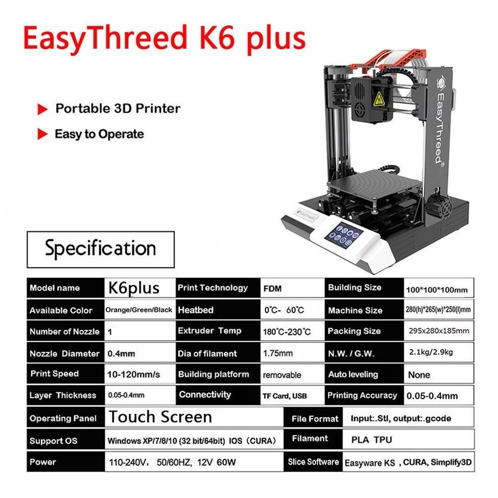 3D Printers |   EasyThreed K6 Plus 3D Printer FDM  Desktop Printing Machine 150x150x150mm Print Size for Beginners Comes with 10m PLA Sample Filament 3D Printers 3D Printers