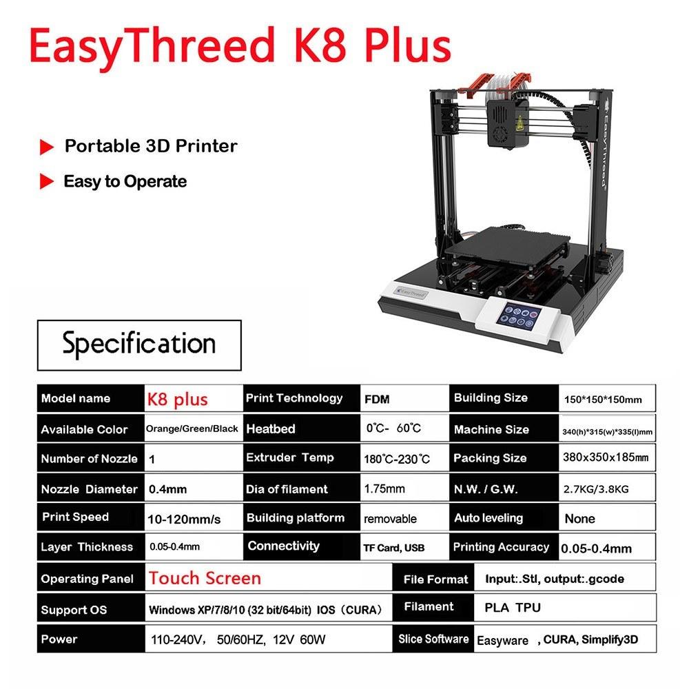 3D Printers |   EasyThreed K8 plus 3D Printer FDM Desktop Printing Machine 150x150x150mm Print Size for Beginners Comes with 10m PLA Sample Filament 3D Printers 3D Printers