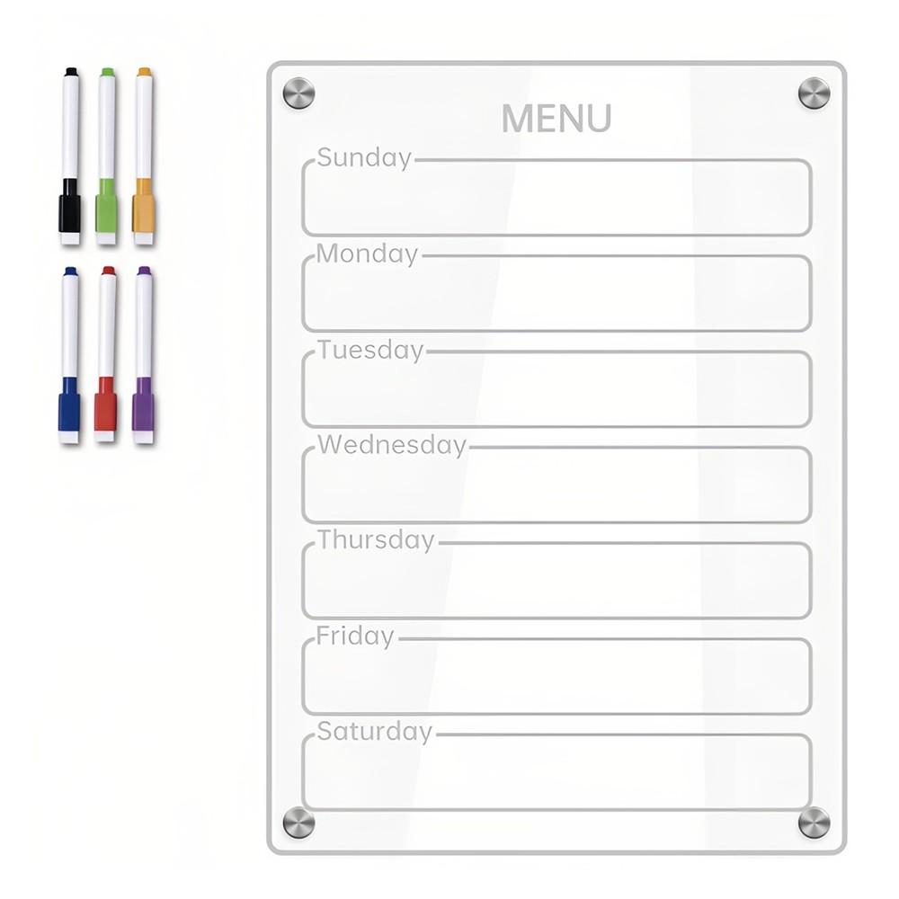 Basic Office |   Clear Acrylic Magnetic Dry Erase Board Weekly Planner 8.27×11.7in Writing Board Fridge Reusable Planner with 6 Color Magnetic Markers & 4pcs Magnet Daily Message Organizer Notepad Wall Basic Office Basic Office