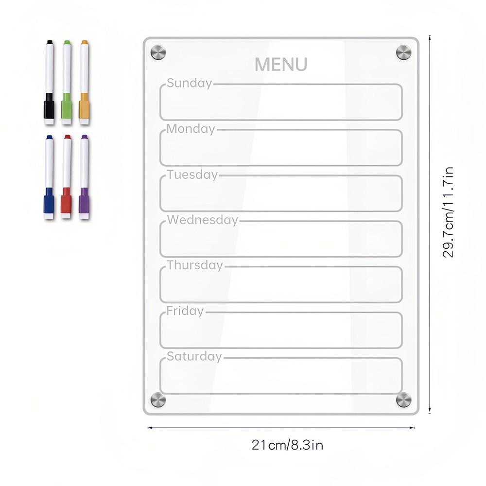 Basic Office |   Clear Acrylic Magnetic Dry Erase Board Weekly Planner 8.27×11.7in Writing Board Fridge Reusable Planner with 6 Color Magnetic Markers & 4pcs Magnet Daily Message Organizer Notepad Wall Basic Office Basic Office