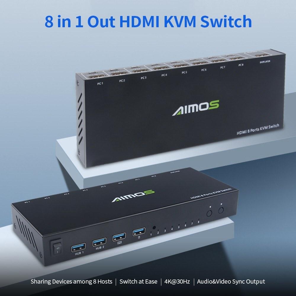 Others |   AIMOS 8 in 1 Out HDMI KVM Switch Sharing Monitor/Keyboard/Mouse/Printer among 8 Hosts/ 4K@30Hz/Audio&Video Sync Output Black Computer Peripherals Others