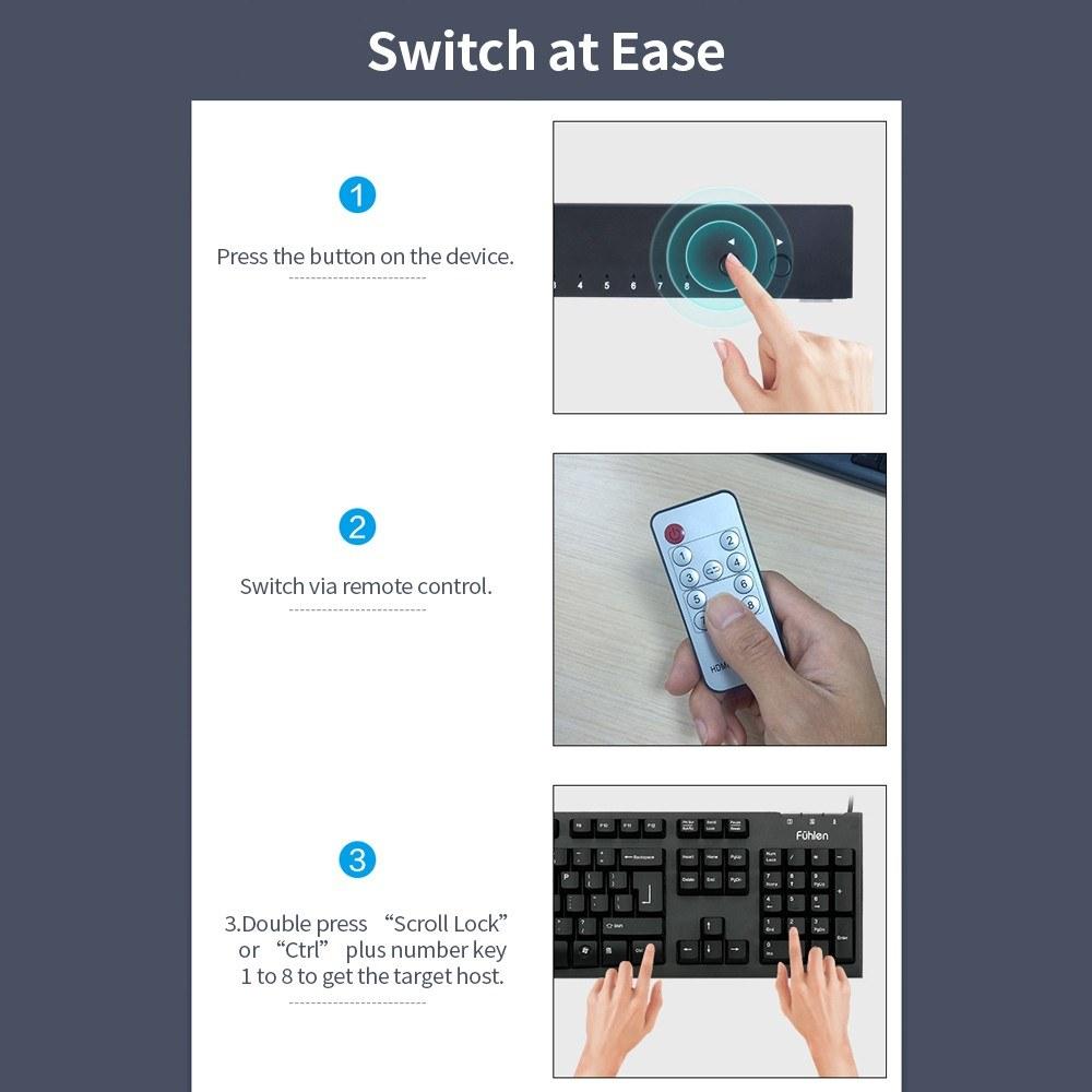 Others |   AIMOS 8 in 1 Out HDMI KVM Switch Sharing Monitor/Keyboard/Mouse/Printer among 8 Hosts/ 4K@30Hz/Audio&Video Sync Output Black Computer Peripherals Others