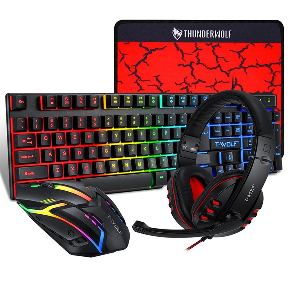 Keyboards & Mouse |   T-WOLF TF800 Four-piece Gaming Combo 104 Keys Keyboard 4-color Breathing Light Mouse 3.5mm Gaming Headset Anti-slip Mouse Pad Computer Peripherals Keyboards & Mouse