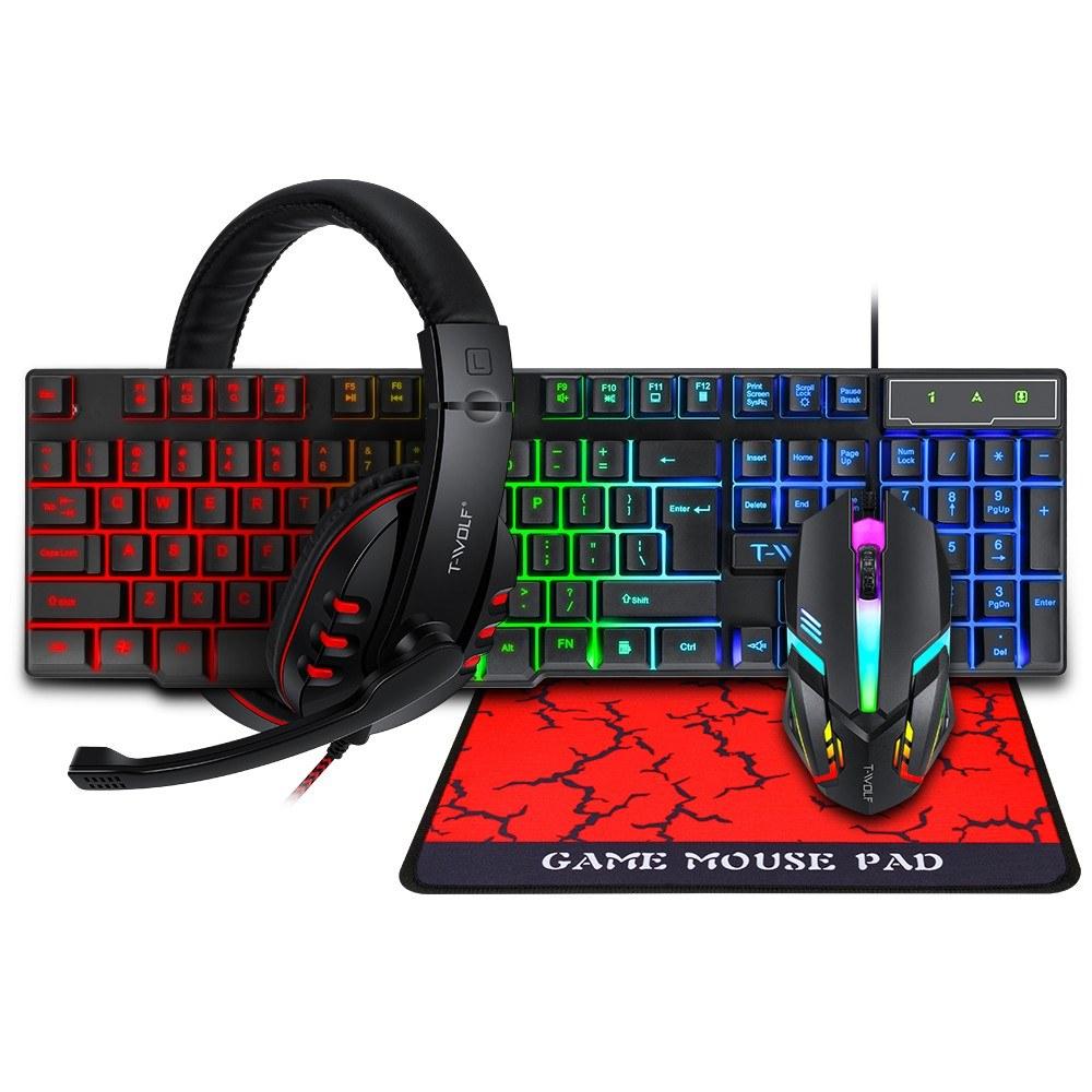 Keyboards & Mouse |   T-WOLF TF800 Four-piece Gaming Combo 104 Keys Keyboard 4-color Breathing Light Mouse 3.5mm Gaming Headset Anti-slip Mouse Pad Computer Peripherals Keyboards & Mouse