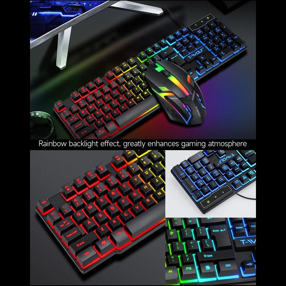 Keyboards & Mouse |   T-WOLF TF800 Four-piece Gaming Combo 104 Keys Keyboard 4-color Breathing Light Mouse 3.5mm Gaming Headset Anti-slip Mouse Pad Computer Peripherals Keyboards & Mouse