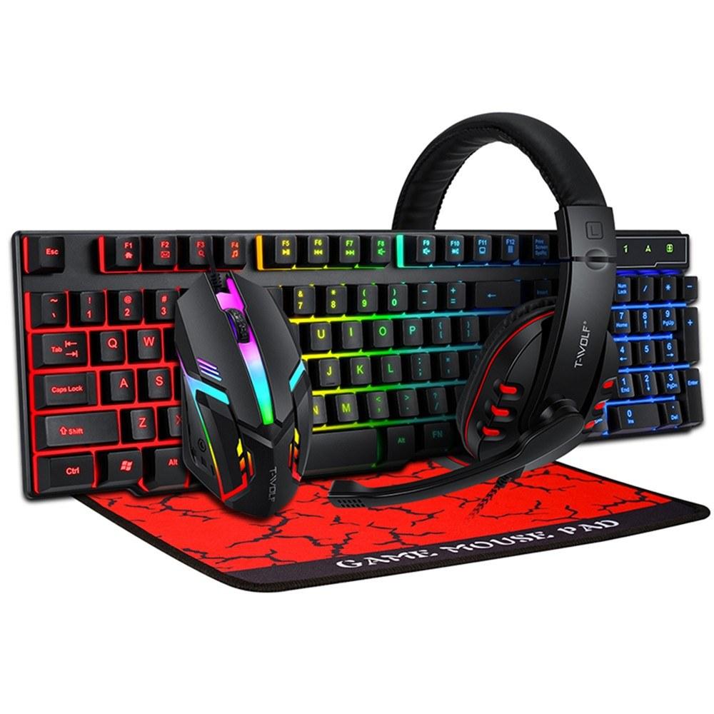 Keyboards & Mouse |   T-WOLF TF800 Four-piece Gaming Combo 104 Keys Keyboard 4-color Breathing Light Mouse 3.5mm Gaming Headset Anti-slip Mouse Pad Computer Peripherals Keyboards & Mouse