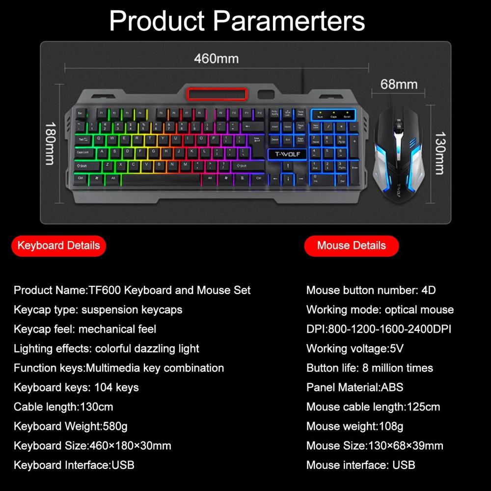 Keyboards & Mouse |   T-WOLF Thunder Wolf TF-600 Keyboard and Mouse Set Keyboard & Mouse 2 in 1 Combo Computer Peripherals Keyboards & Mouse